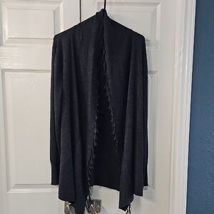 89th & Madison Charcoal Knit Fringe Open Cardigan Draped Office 1X